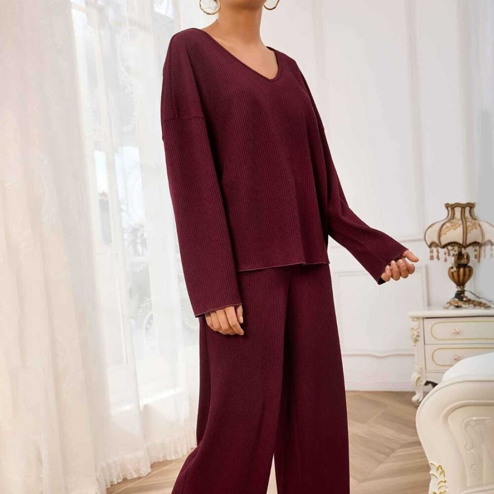 V-Neck Long Sleeve Top and Wide Leg Pants Set